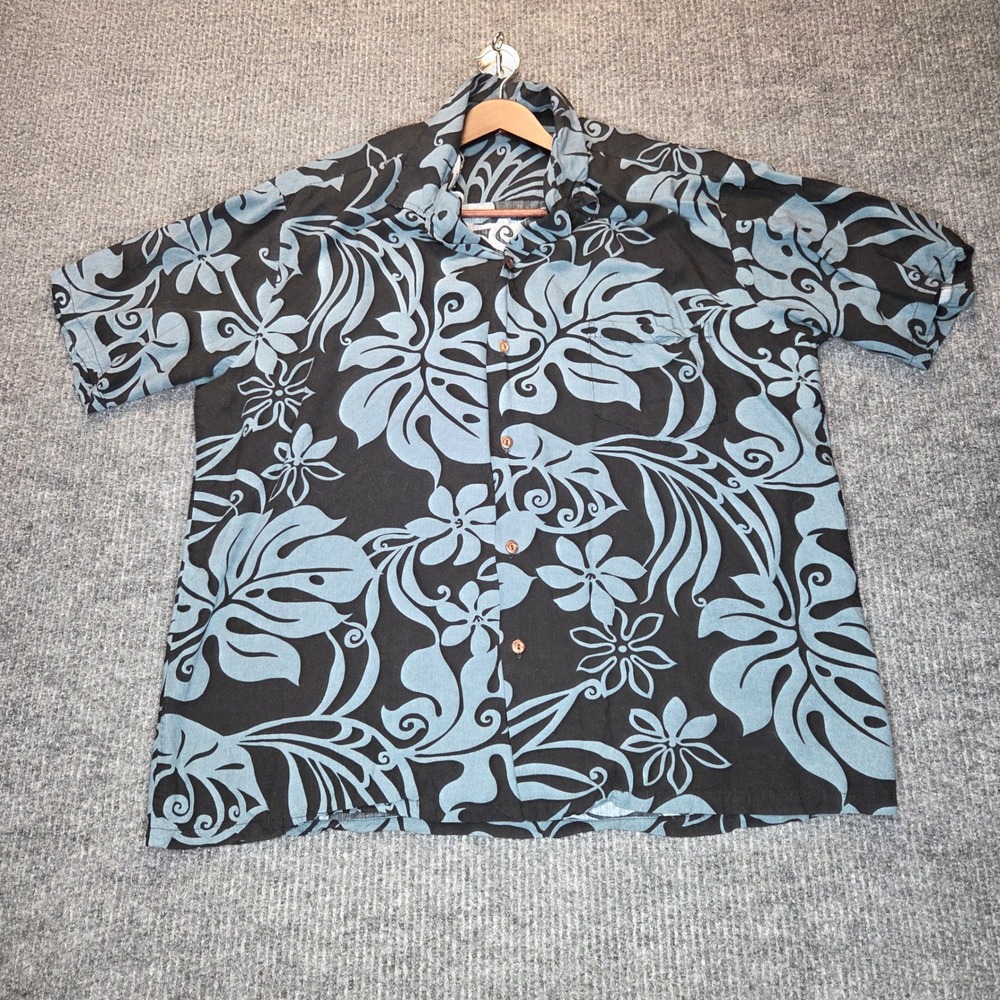 VTG Winnie Fashion Hawaiian Shirt Mens 2XL Black Blue Tropical Floral Aloha Pool